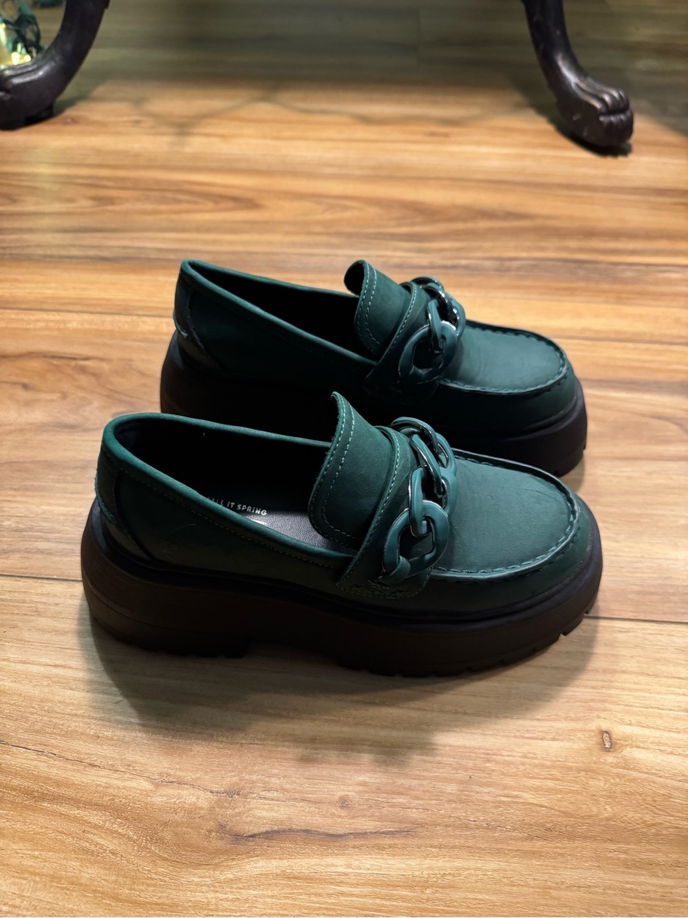 Call It Spring Dark Green Chain-Accent Platform Loafers